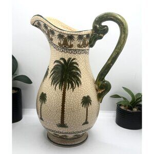 Vintage Ceramic Pitcher With Palm Tree Design & Crackled Glaze Finish